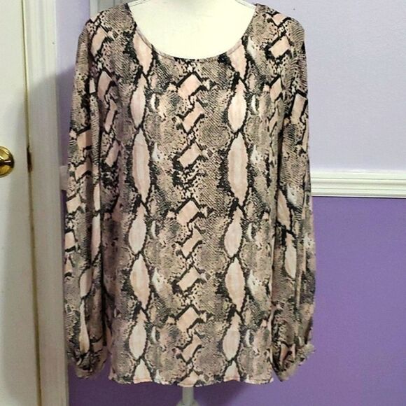 Worthington Pink & Black Snake Print Balloon Sleeves Flowy Tunic Top - Picture 1 of 11